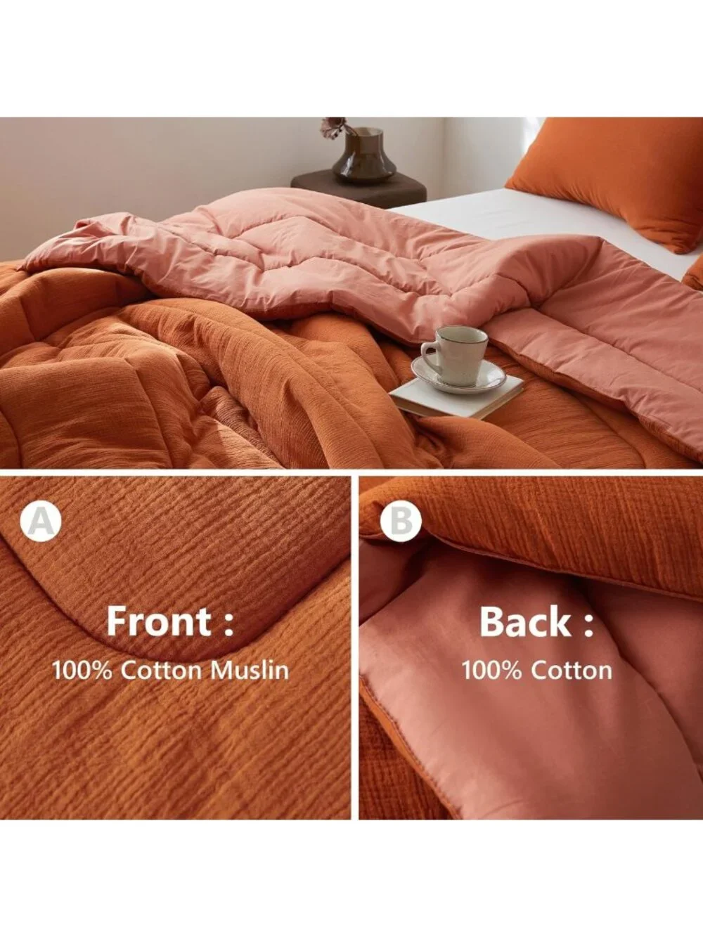 Soft Lightweight 100% Cotton Muslin Comforter Set King, 3PC All Seasons Bedding
